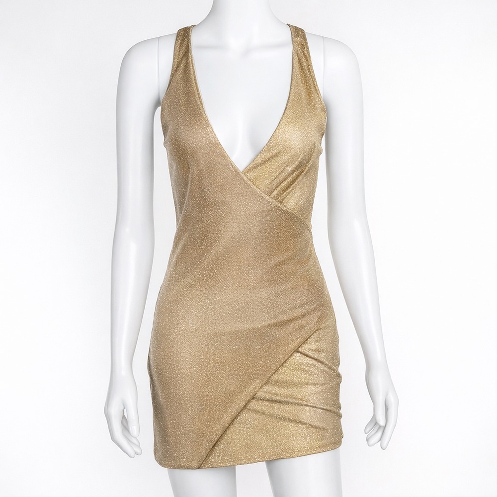Meshki Gold Shimmer Wrap Mini Dress Plunge V Neck Bodycon Party Small Clubwear